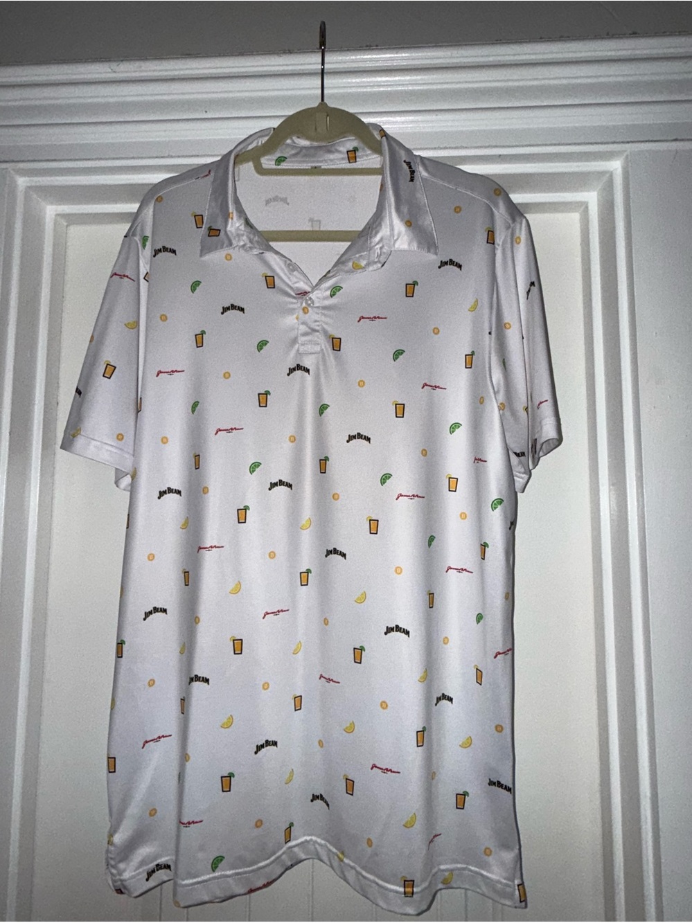 White Men's Large Polo Shirt with Jim Beam Cocktail Print